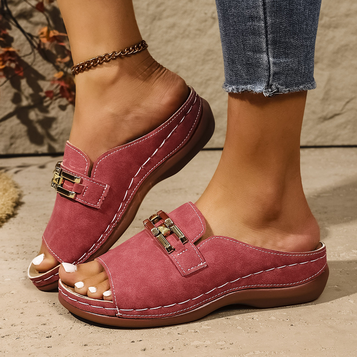 ⏰Last Day 70% OFF 🔥TOPSFANO Women's Gold-Tone Chain Open-Toe Slip-On Wedge Sandals
