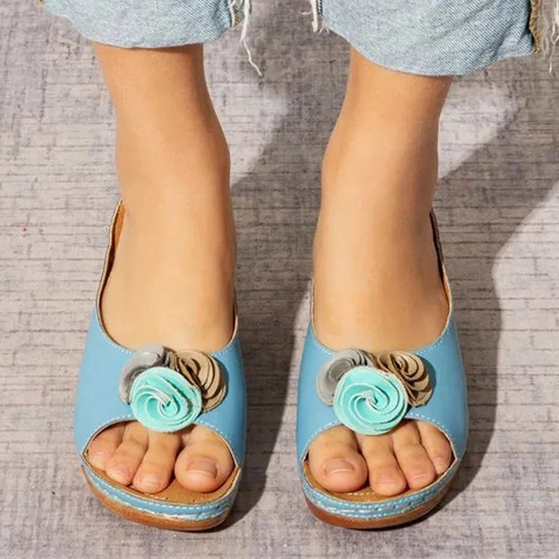 ⏰Last Day 70% OFF 🔥 Womens Comfy Leather Solid Flower Strap Wedge Sandals