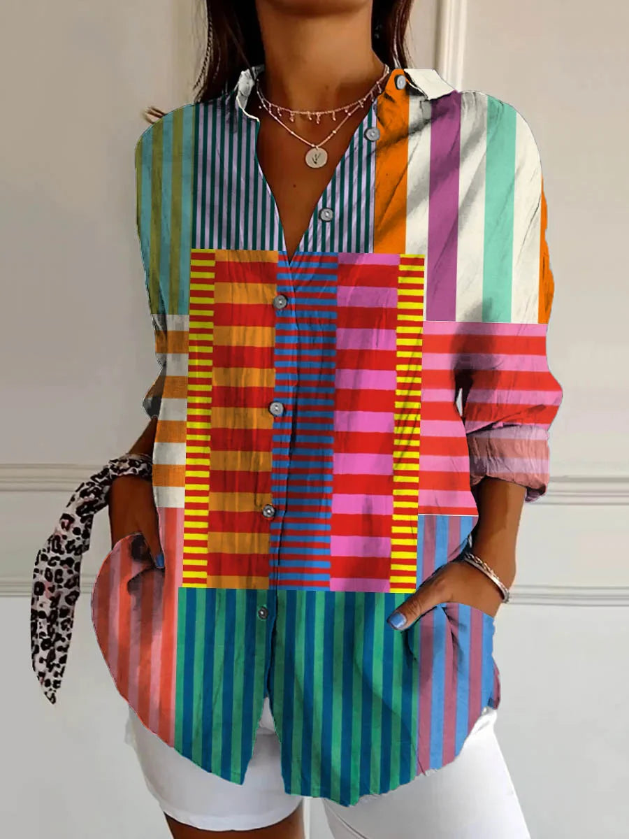 WOMEN'S SHIRT IN COTTON LINEN WITH ABSTRACT LINES