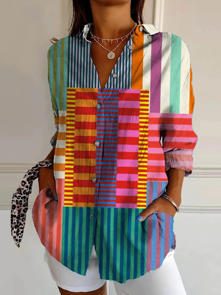 WOMEN'S SHIRT IN COTTON LINEN WITH ABSTRACT LINES