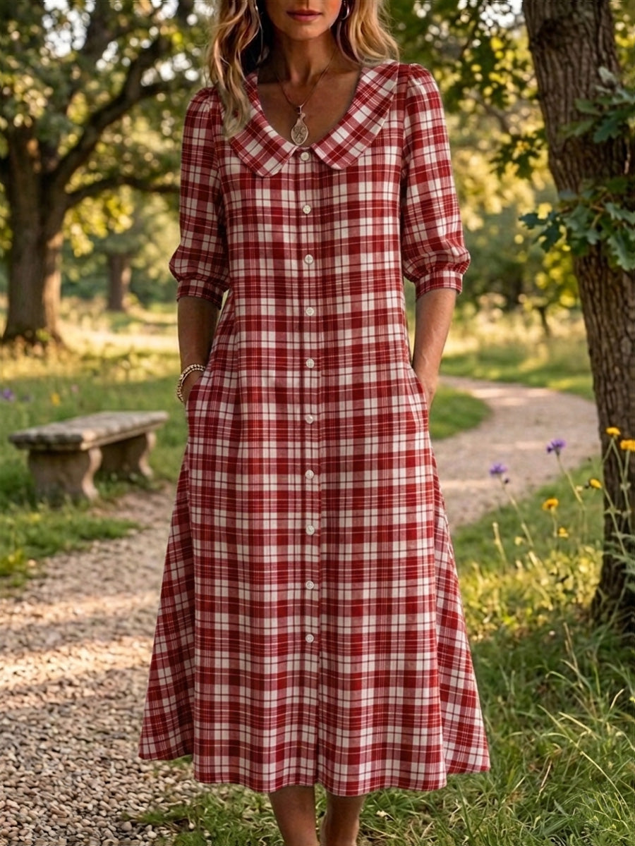 New Arrival🔥 Retro Peter Pan Collar Stripe Print Cotton Dress for Women