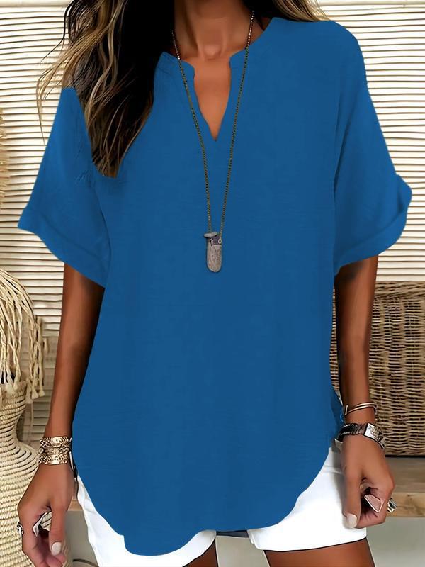 🔥Simple short sleeve blouse for women, casual solid color top for everyday wear, women's clothing for all seasons