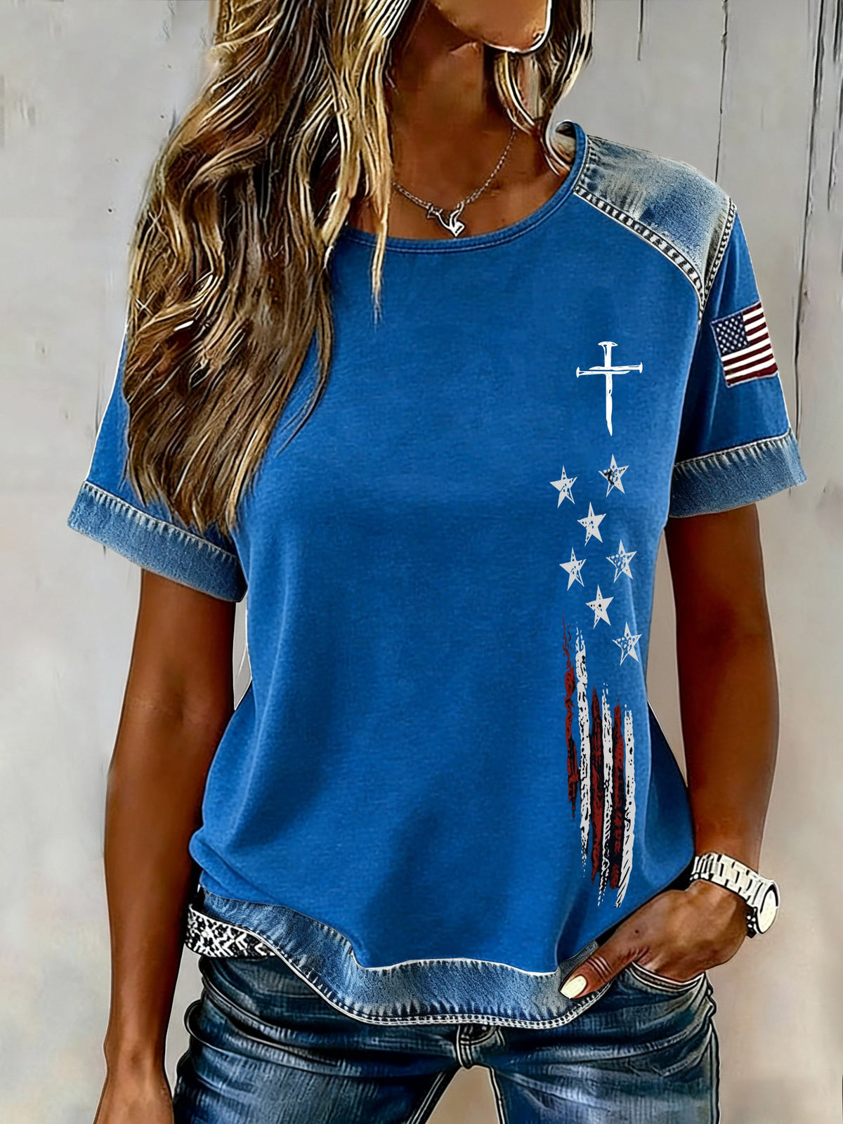 Casual women's T-shirt with a retro flag motif