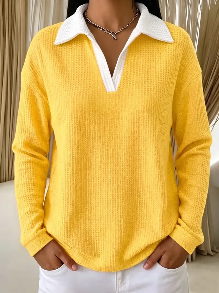 New Arrivals🔥Women's Contrast-Collar Waffle Long-Sleeve Pullover