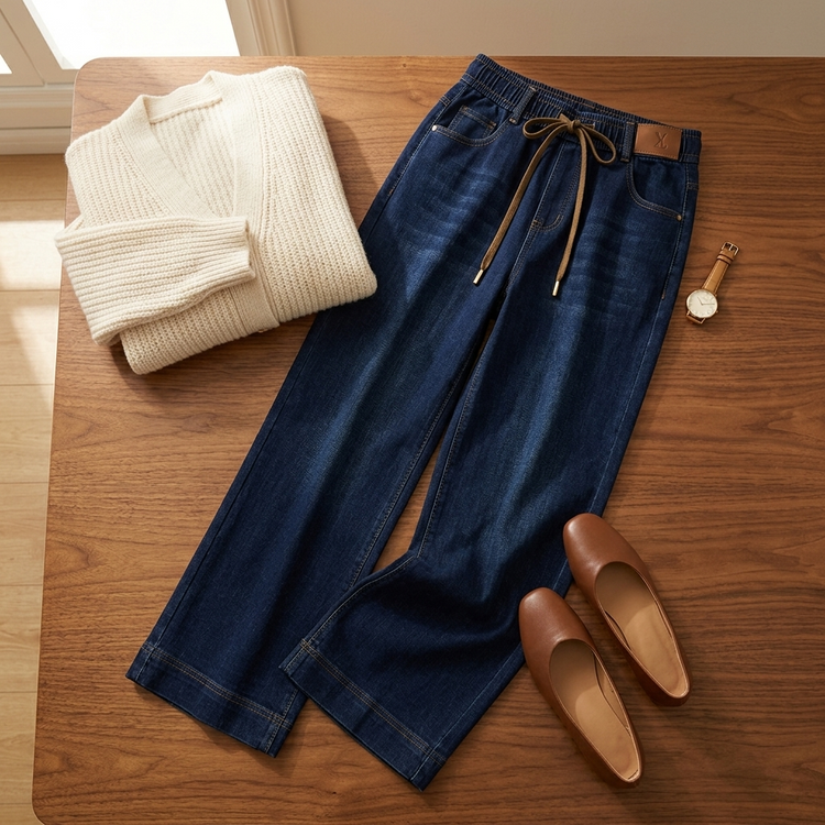 Drawstring Wide-Leg Comfort Jeans