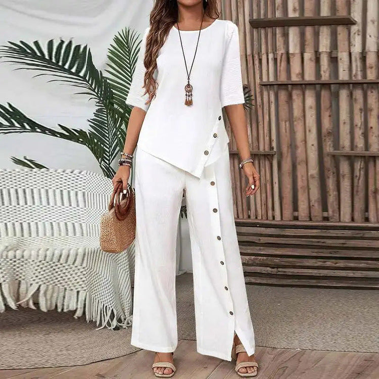 ⏳Limited time offer⏰Two piece set with irregular hem top and wide leg pants