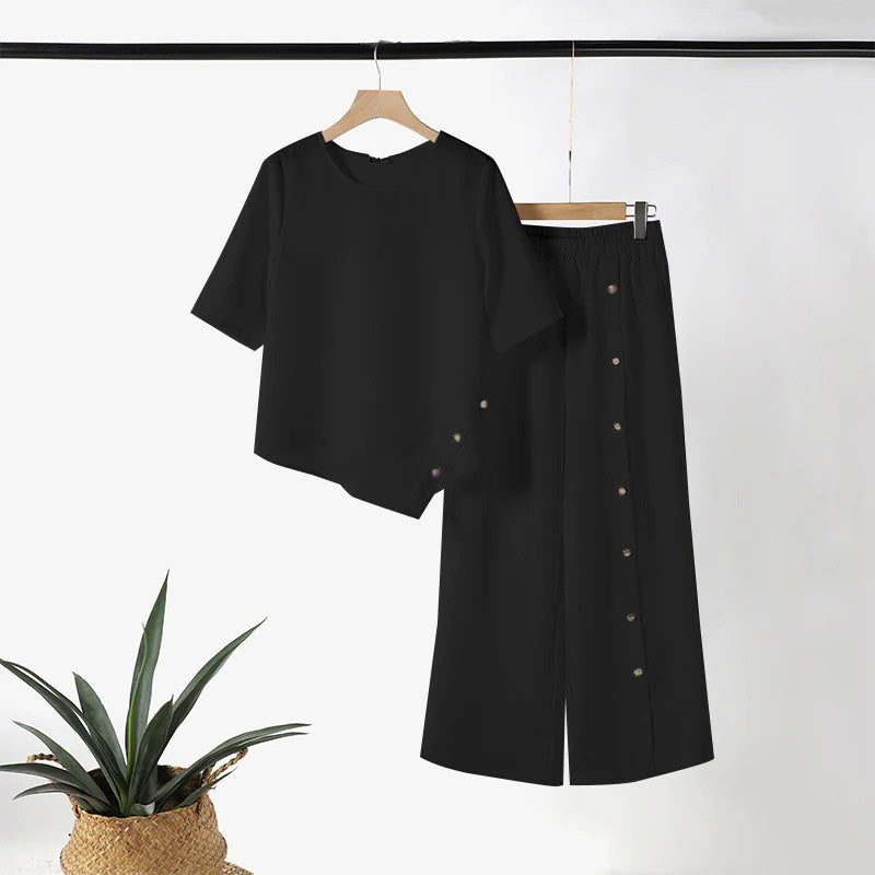 ⏳Limited time offer⏰Two piece set with irregular hem top and wide leg pants