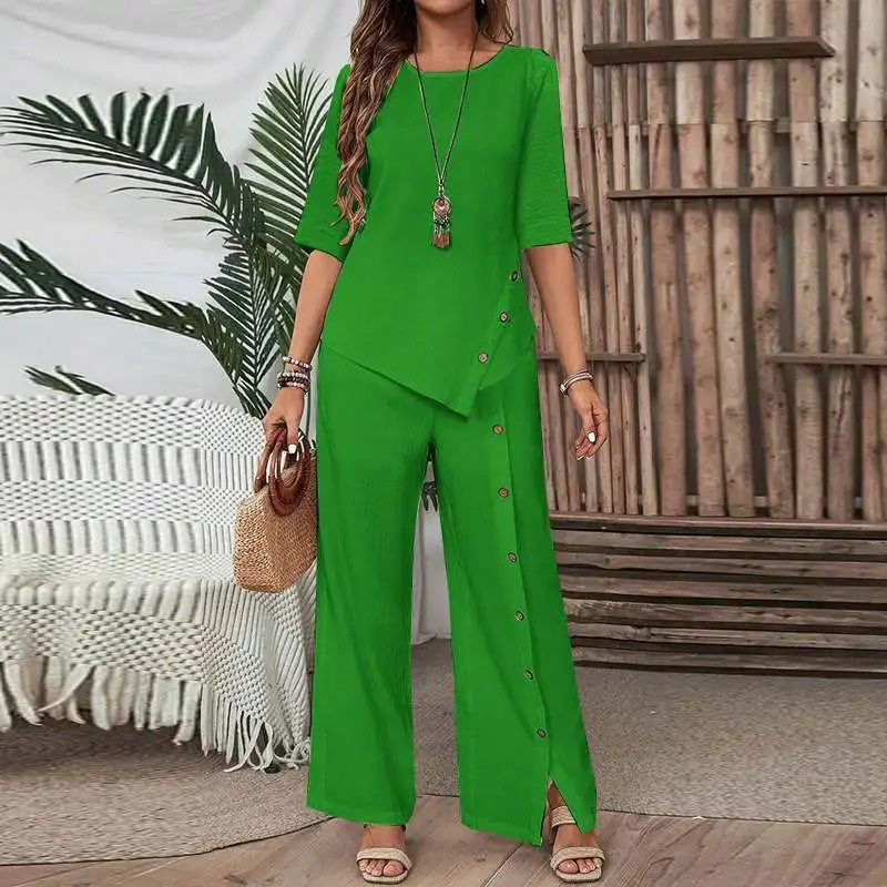 ⏳Limited time offer⏰Two piece set with irregular hem top and wide leg pants