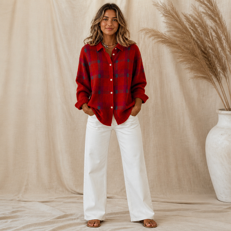 Verawool – Plaid Knit Shirt-Collar Cardigan
