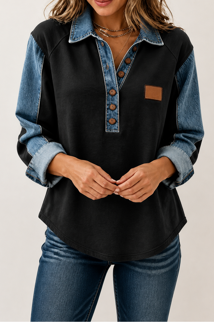 Layerlyn – Denim Patchwork Textured Knit Blouse