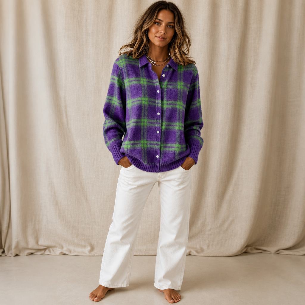 Verawool – Plaid Knit Shirt-Collar Cardigan