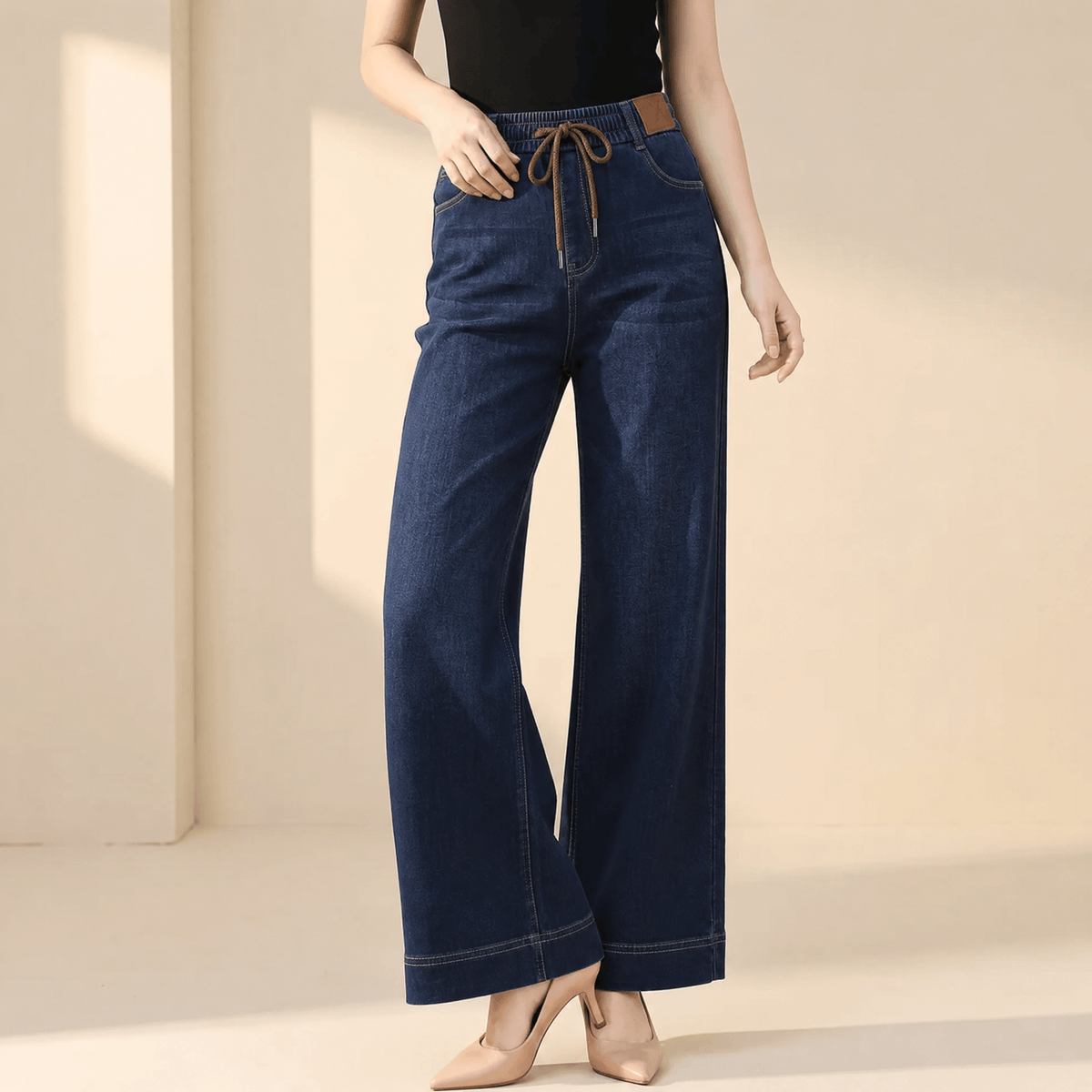 Drawstring Wide-Leg Comfort Jeans
